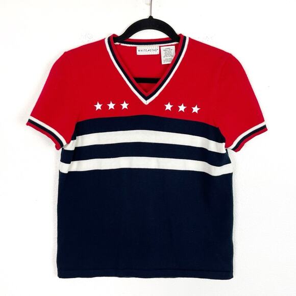 Vintage V-Neck Sweater Top Short Sleeve July 4th Red White Blue Stars Stripes - Picture 1 of 7